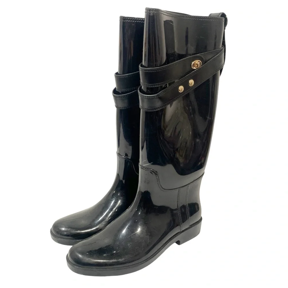 COACH Size 10 TALIA BLACK TALL GOLD TURN LOCK LOGO RUBBER RAIN BOOTS